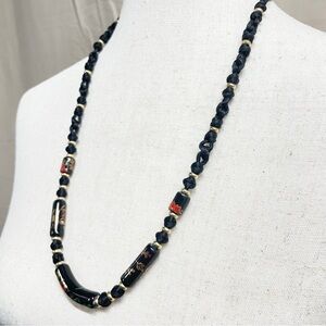 Vintage Black Floral Ceramic Bead‎ Cord Necklace Witchy Goth Romantic